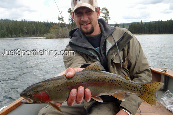 Fisherman on lake holding rainbow trout.