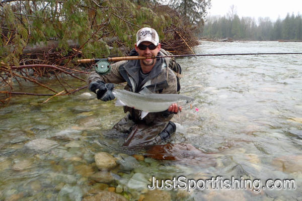 Fisherman with flyrod in mouth holding a steelhead trout.