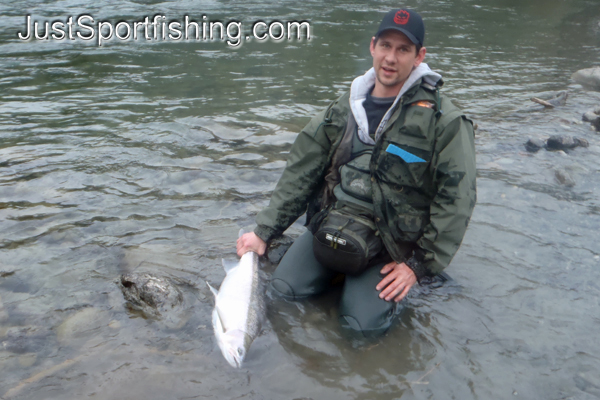 Fisherman kneeling beside a steelhead trout in a river.