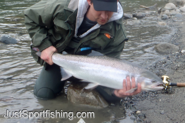 Fisherman kneeling at the rivers edge with a steelhead trout.